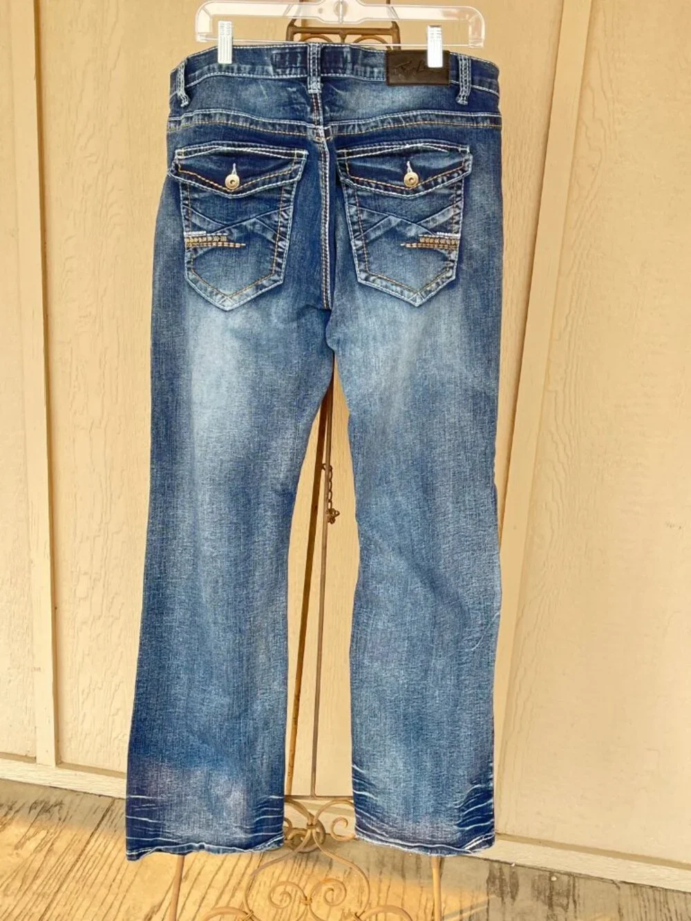 True Luck Mens Jeans Thick Stitch Denim Faded Wash Straight Leg Everyday 36x32